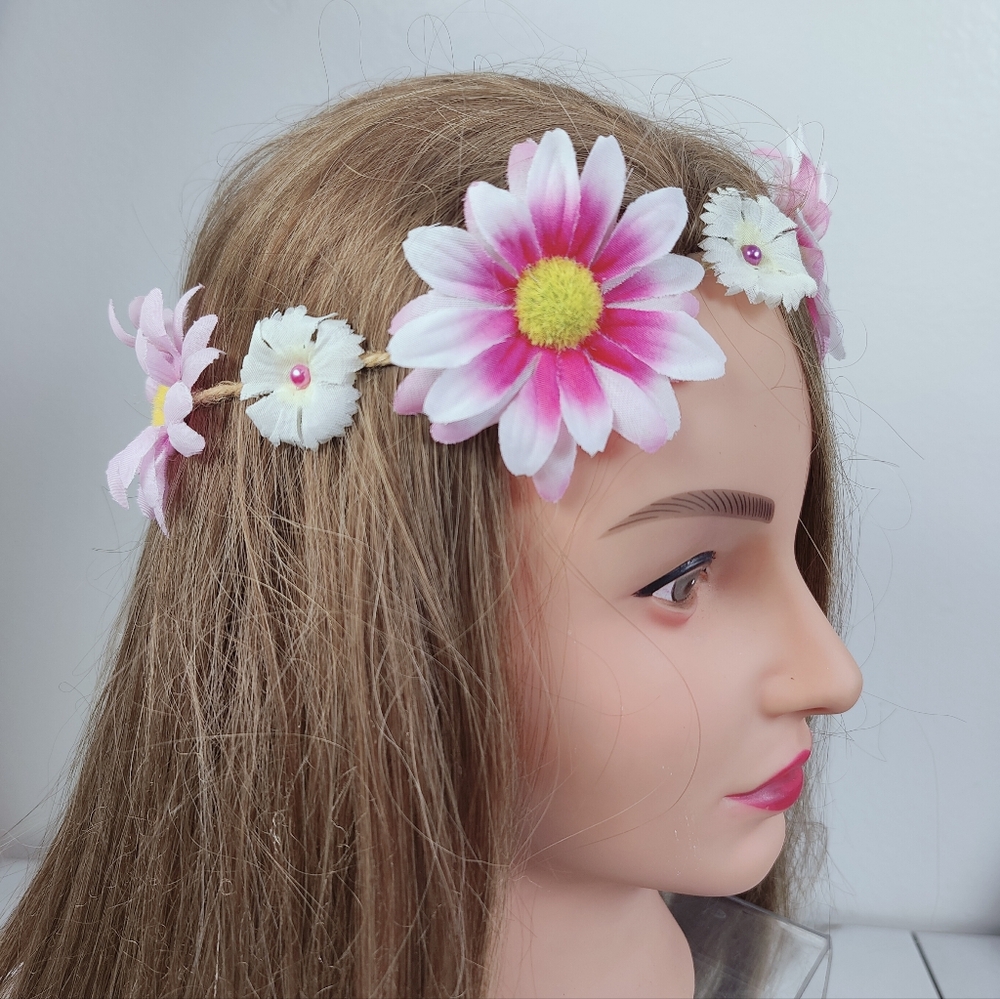 Handmade Pink Daisy Flower Crown Hippie Festival Headband Natural Fibers, OS